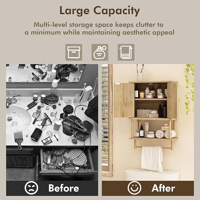 RUSTOWN Rattan Bathroom Wall Cabinet, Modern Boho Medicine Cabinet with Two Arched Rattan Doors, Over The Toilet Storage Cabinet with Adjustable Shelf and Towel Bar for Bathroom (Natural, Small)