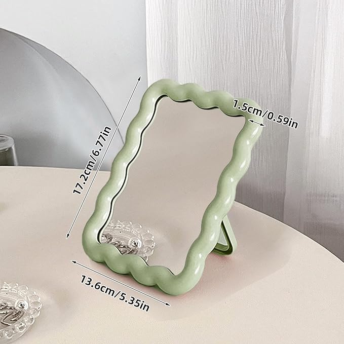 Wave Shaped Table Desk Vanity Makeup Mirror Portable Folding Cute Travel Make Up Mirror for Standing Hanging 6.7X5.3 Inch Home Decoration (Green)