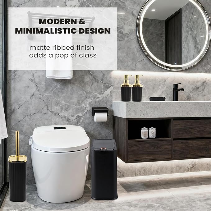 XLHOMO Black and Gold Bathroom Accessories Set - 9 Piece Complete Organization Kit with Slim Pop-up Trash Can, Toilet Brush, Lotion Dispensers, Jars & Soap Dish - Modern Matte Stripe Bathroom Decor