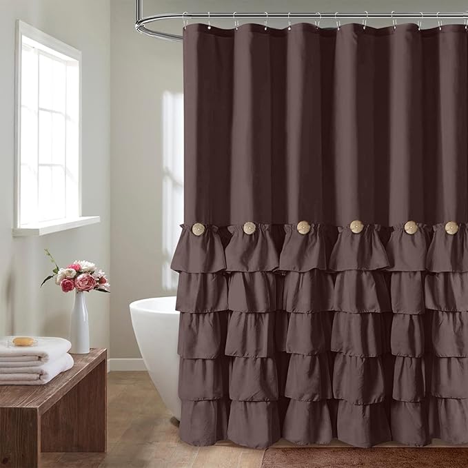 Seasonwood Ruffle Shower Curtains for Bathroom Ruffle Shower Curtain with Natural Buttons Farmhouse Style 72x72 Inch Brown