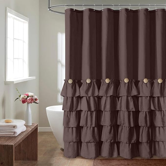 Seasonwood Ruffle Shower Curtains for Bathroom Ruffle Shower Curtain with Natural Buttons Farmhouse Style 72x72 Inch Brown