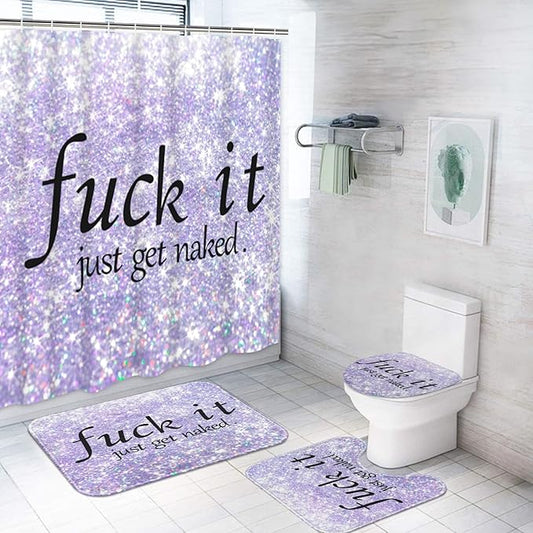 ArtSocket 4PC Purple Funny Get Naked Shower Curtain Sets Diamond Gold Bathroom Decor with Rugs, Non-Slip Rug,Toilet Lid Cover, Bath Mat and 12 Hooks 72x72 inches