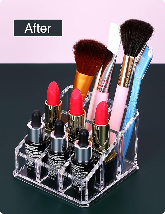 MOSIKER Lipstick Lip Gloss Organizer,Small Clear Acrylic Compact Essential Oil Rollerball Perfume Holder with 9 Slots