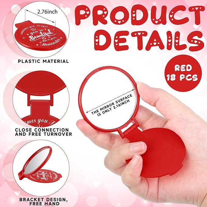 18 Pcs 2.76 Inch Inspirational Compact Mirror Bulk Women Small Gifts Graduation Party Favors Purse Mirror Pocket Mini Stuffer Items for Adult Coworker Cheerleader Employee (Red)