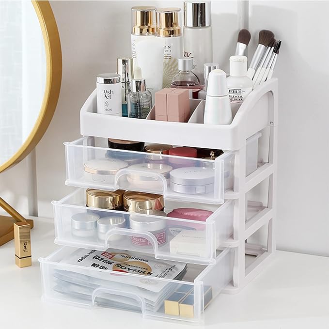Makeup Organizer for Vanity, Skincare Organizers with 3 Drawers, Cosmetics Organizer for Skin Care, Eyeshadow, Brushes, Lipstick, Powders, Nail Polish.Great for Dresser, Bedroom, Bathroom (White)