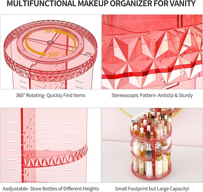 360 Rotating Makeup Organizer,DIY Adjustable Cosmetics Organizer[Patented Product],Professional Acrylic Make Up Caddy Shelf Storage Perfume,Lipsticks,Makeup Brushes or Accessories (Pink)