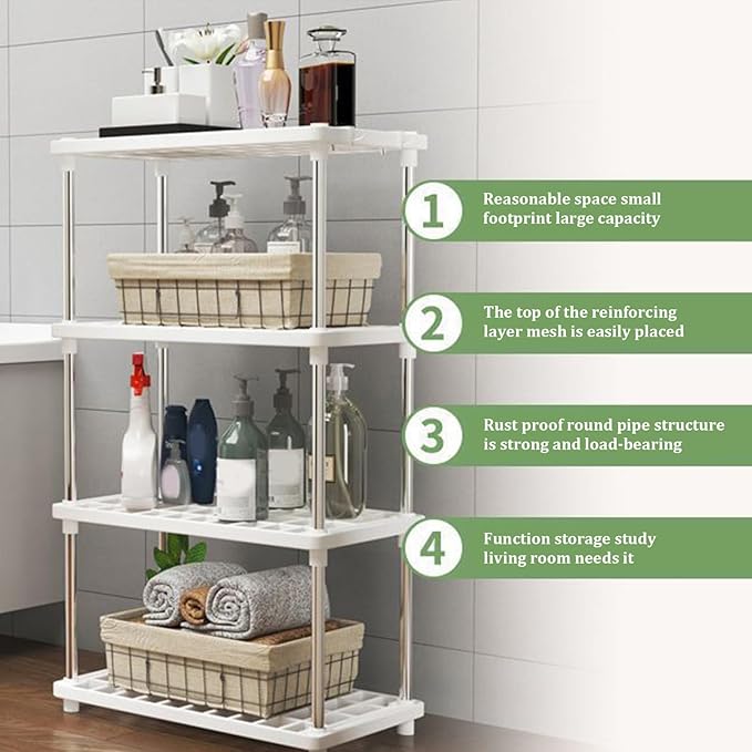 Bathroom Shelf|4 Tier Shelf, 16.5x8.7x31.5 Inch Kitchen, with 4 Hooks Minimalist Detachable Storage Shelves Plastic Bathroom, for Kitchen Living Room
