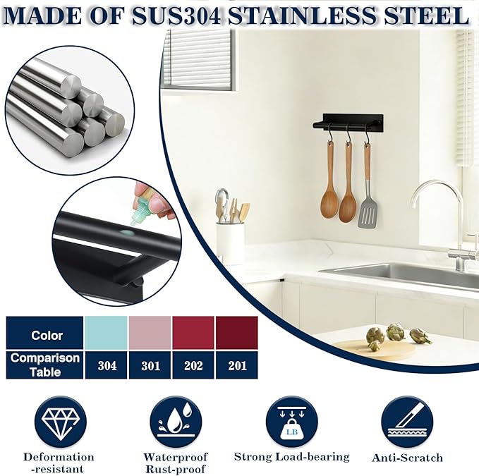 Alise Adhesive Towel Bar Black,Towel Racks for Bathroom Wall Mounted,Bathroom Towel Rack SUS304 Stainless Steel,Towel Holder for Kitchen/Bathroom Hardware Decoration,Sticky or Screw-Mounted,8 Inch