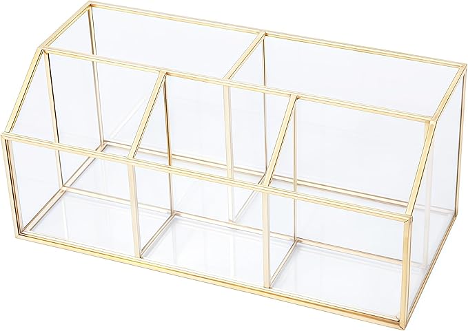 JIARI Gold 5-Compartment Desktop Organizer, Transparent Glass Makeup Brush Holder, 9.05x4.33x3.93 Inches Storage for Home Office and School Items (Gold-5 Slot)