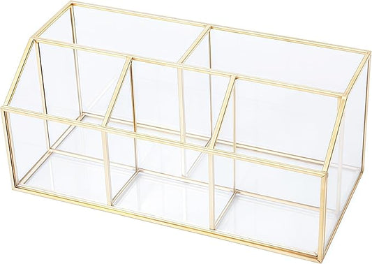 JIARI Gold 5-Compartment Desktop Organizer, Transparent Glass Makeup Brush Holder, 9.05x4.33x3.93 Inches Storage for Home Office and School Items (Gold-5 Slot)
