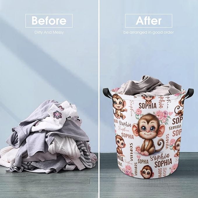 Custom Monkey Laundry Baskets, Personalized Monkey Gifts, Collapsible Laundry Hamper with Name for Kids Adults Home Decoration