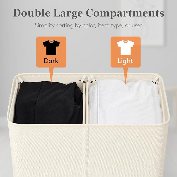 lifewit 137L Dual Laundry Hamper with Lid, 2 Compartments Tall Clothes Hamper with Easy Carry Bag and Handles, Foldable Laundry Bin for Dirty Clothes in Bathroom Bedroom, White