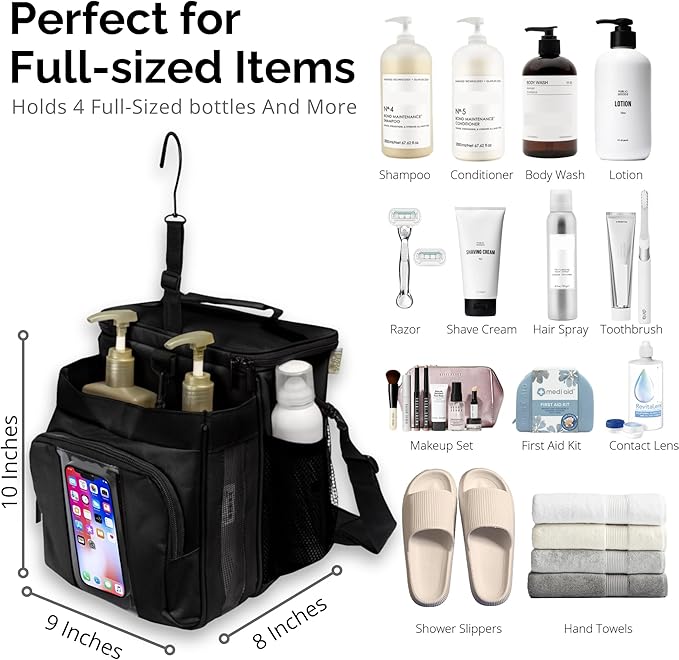 TERRA HOME Portable XL Shower Caddy Bag - College Dorm Room Essentials for Men, Women, Students - Foldable, Water Resistant with Hanging Keychain Hook and Shoulder Strap Shower Organizer Bag (Black)