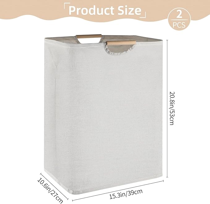 2Pcs Large Laundry Hampers with Handles, 60L Foldable Laundry Hamper, Freestanding Waterproof Clothes Hamper for Bedroom, Bathroom, Dorm, Laundry Room15.3"L x 10.6"W x 20.8"H (Grey)