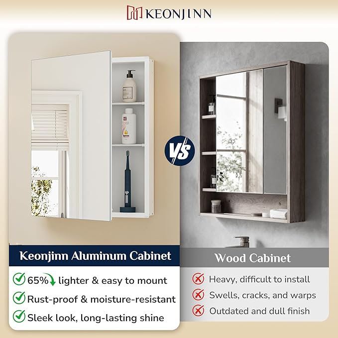 Keonjinn 48 x 32 Inch Large Medicine Cabinet Mirror, Assembly Required, White Bathroom Medicine Cabinets, Aluminum Framework, Adjustable Shelves, Tempered Glass, Soft Closing, Recessed or Wall Mount