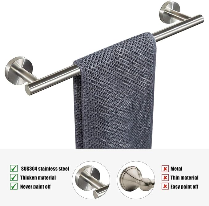 TocTen Bath Towel Bar - Thicken SUS304 Stainless Steel Bathroom Towel Holder, Towel Rod for Bathroom Heavy Duty Wall Mounted Towel Rack Hanger (18IN, Brushed Nickel)
