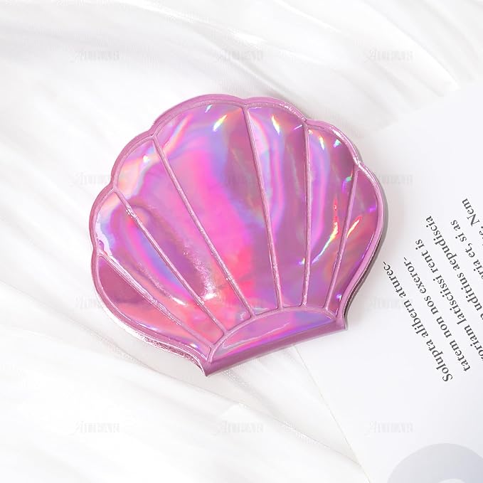 AUEAR, 4 Pack Glitter Shell Mirror Double-Sided Magnification Makeup Mini Portable Foldable Handheld Compact for Purse Handbag Pocket Women Colors