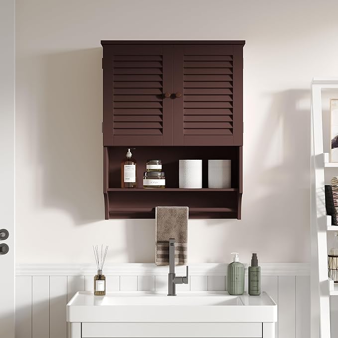 ChooChoo Bathroom Wall Cabinet with Towels Bar, 23.6" L x7.9 W x27.5 H MDF Material Medicine Cabinet, 2 Doors Over The Toilet Space Saver Storage Cabinet with Large Space, Espresso