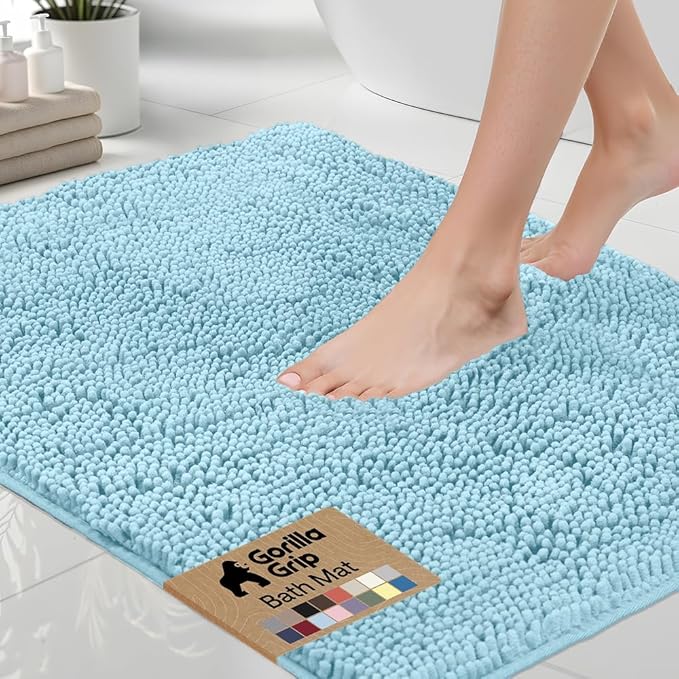 GORILLA GRIP Bath Rug Mat, Thick Soft Absorbent Chenille, Quick Dry Microfiber Mats, Rubber Backing Washable Shower Floor Rugs, US Designed Bathroom Bathmat Home Decor Accessories, 24x17, Sky