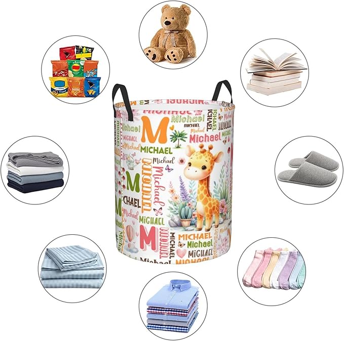 Personalized Giraffe Laundry Basket For Baby Kids Boys Girls Adult Custom Hamper Basket With Name For Bathroom Bedrooms Collapsible Baby, Dirty Clothes Hamper With Handles