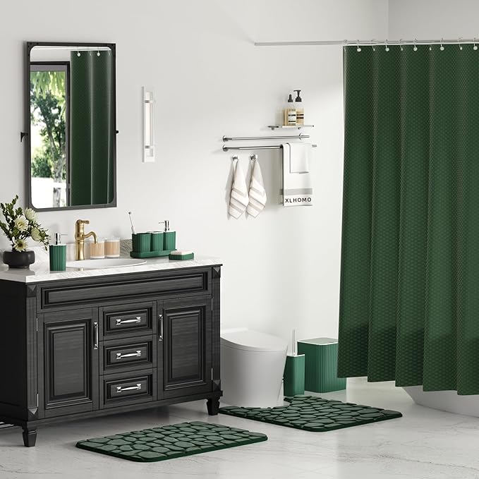 XLHOMO Bathroom Set- 25PC Green Bathroom Sets, Bathroom Set with Shower Curtain and Rugs, Dark Green Shower Curtain Set, Bathroom Accessories Set, Bathroom Trash Can