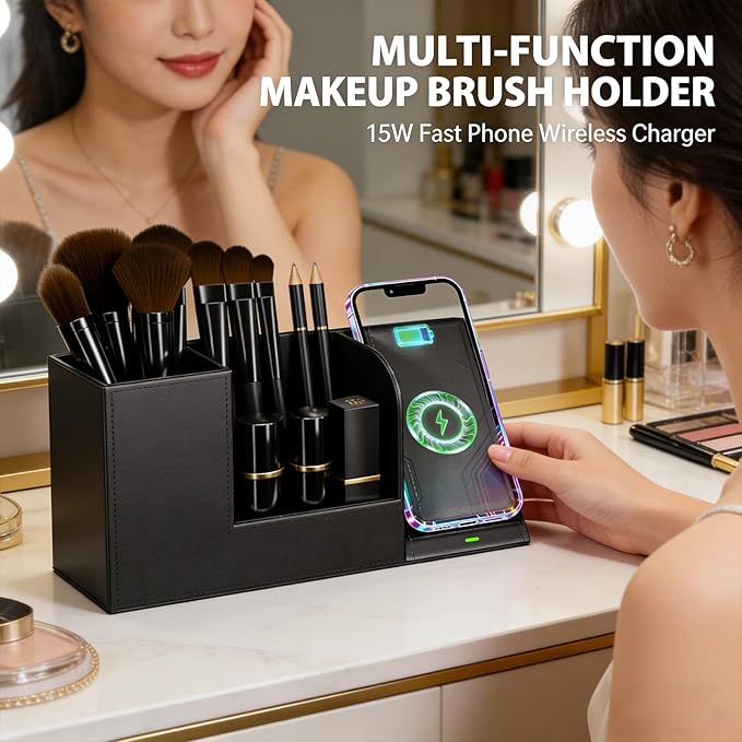 LADSTAG Makeup Brush Holder Organizer, Leather Makeup Brush Cup with Phone Charging Stand for Cosmetics, Nail Polish, Lipstick & Art Supplies ?€? Vanity Desktop Bathroom Organizer