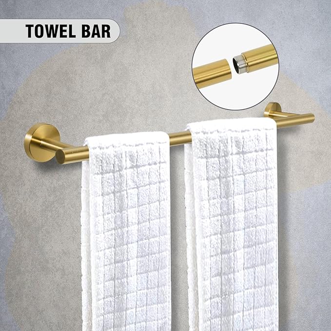5-Piece Towel Racks for Bathroom, Stainless Steel Bathroom Accessories Set, Bathroom Towel Holder Wall Mounted, Sturdy Bath Towel Bar Set Bathroom Hardware Set (Brushed Gold, 2 Pillar Paper Holder)