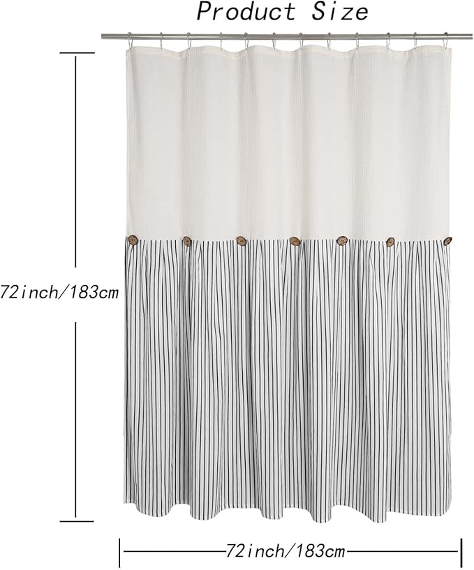 DOSLY Ides Farmhouse Shower Curtain, Beige and Black Striped, Spa Beige Waffle, Button Curtain, Cotton Woven Fabric, Country, Rustic, Shabby Chic, 72x72 in