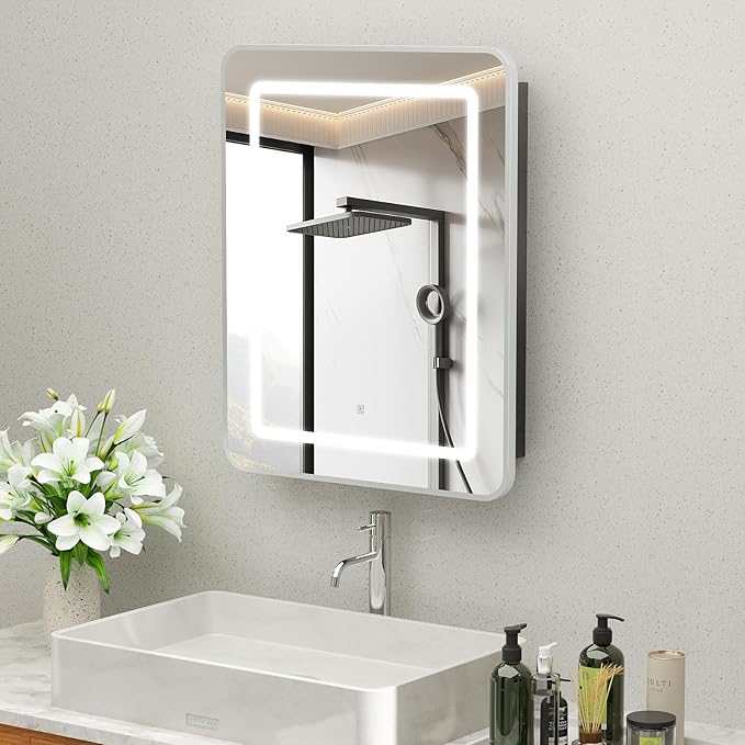ROOMTEC Lighted Medicine Cabinet with Mirror 24"x30", Bathroom Mirror Cabinet with Lights and Storage, Single Doors Bathroom Wall Cabinet with LED Lights,Silver