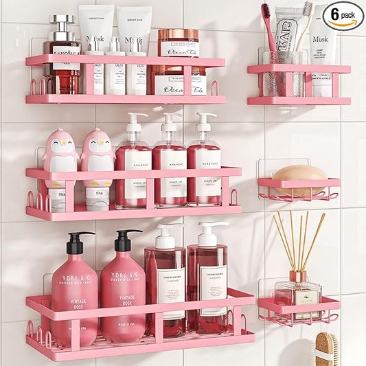 Youvip 6 Pack Shower Caddy, Adhesive Shower Shelves with Soap Holder, No Drilling Rustproof Large Capacity pink bathroom decor accessories, Pink