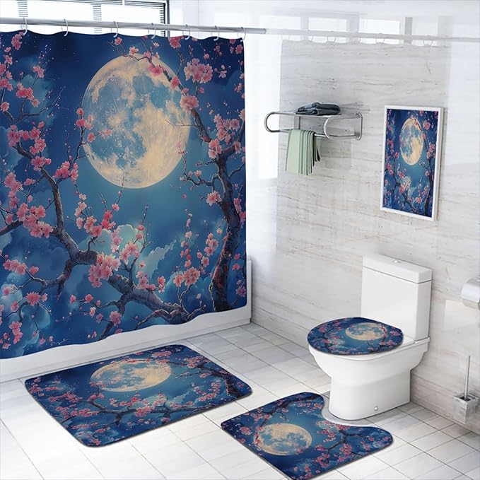 Cherry Blossoms Shower Curtain Set with Rug, Toilet Lid Cover and Bath Mat, Night Sky Moon Japanese Anime Bathroom Decor Sets Accessories with 12 Hooks
