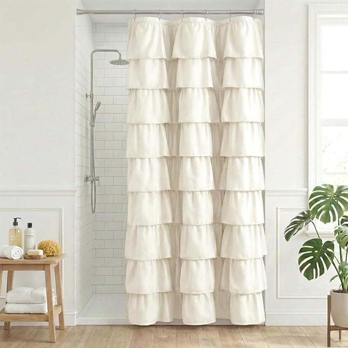 Seasonwood Small Ruffle Shower Curtain Cream Farmhouse Vintage Handcrafted Rustic Decorative Fabric Shower Curtains for Bathroom, 36" x 72"