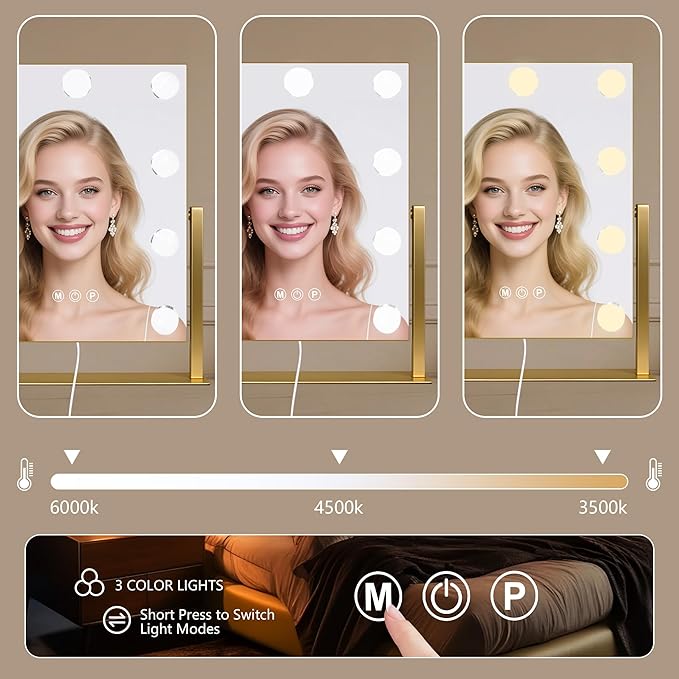 Moonee Gold Vanity Mirror with Lights, Hollywood Lighted Makeup Mirror with 9 Dimmable Bulbs and 10X Magnification 360°Rotation, 3 Colors Modes, Light Up Mirror for Tabletop（12" x 14"）