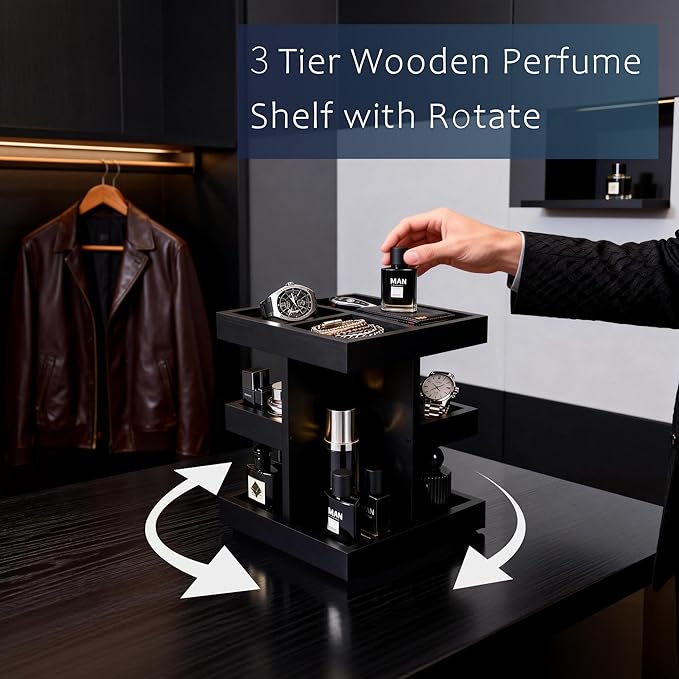 3-Tier Men's Cologne Organizer Stand - Black Wood Perfume Display & Storage for Desk or Nightstand, Gift for Husband