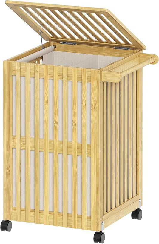 HOOBRO Laundry Hamper with Lid and Wheels, 120 L (31Gal) Double Laundry Basket, Bamboo Clothes Hamper with Handles and Removable Liner, for Laundry Room, Bathroom, Bedroom, Natural YL60XY01