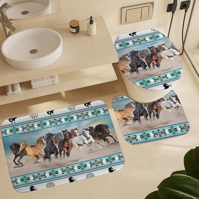 Native Americans Horse 4 Pcs Waterproof Shower Curtain Set,Abstract Tribal Farmhouse Aztec Dream Catcher Horse with Waterproof Toilet Cover Shower Mat Rugs