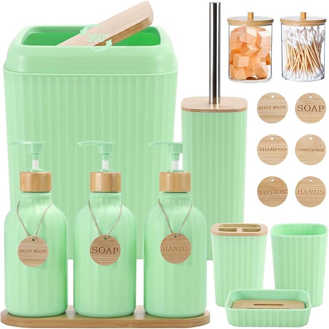 XLHOMO Green Bathroom Accessories Set 17PCS Bathroom Set with Trash Can 3PCS Lotion Soap Dispenser, Toothbrush Holder, 6PCS Wood Tags Bath Accessories with Tray for Kitchen Bathroom