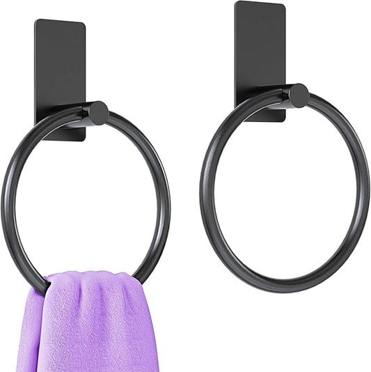 2 Pack Towel Ring, Hand Towel Holder for Bathroom, Self Adhesive Round Hand Towel Rings, Stainless Steel Towel Hanger Heavy Duty Towel Racks Stick On Wall for Kitchen, Matte Black