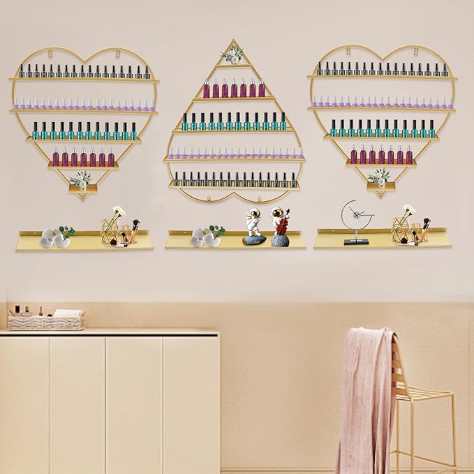Nail Polish Display Racks 6pcs Metal Solid Color 5 Tiers Nail Polish Shelf Elegant Wall-Mounted Heart-Shaped Perfume Wall Shelf for Lipstick Perfume Nail Polish Essential (Gold)