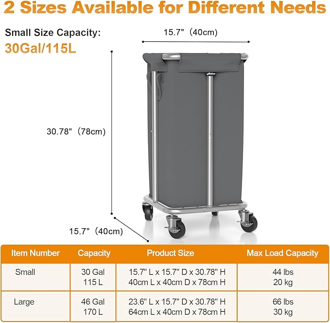 Hodonas 115L Laundry Basket with Wheels, 30 Gal. Rolling Laundry Hamper, Removable and Machine Washable Liner, Steel Frame, Tall Laundry Cart for Laundry Room, Bedroom, Bathroom, Dorm Storage -Gray