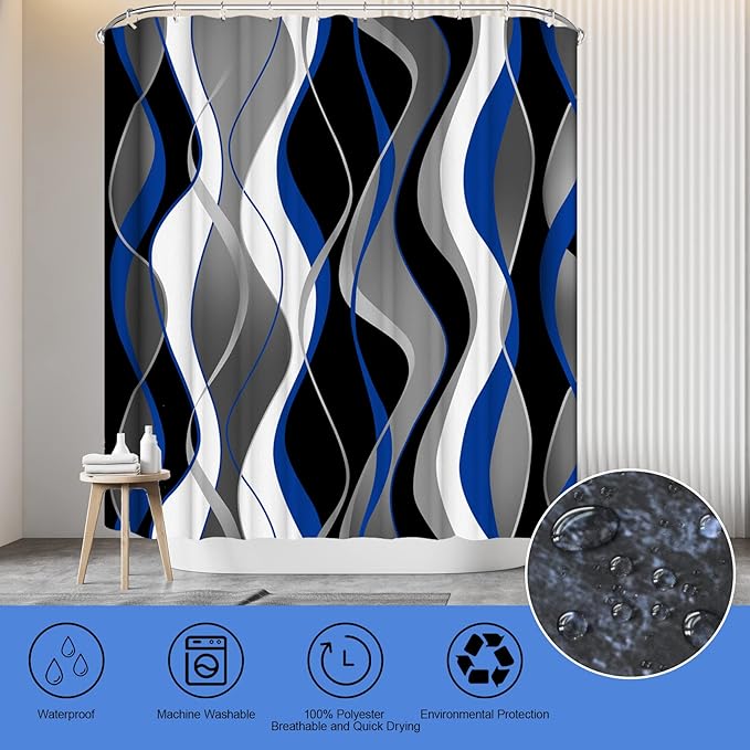 beifivcl 4Pcs Blue Shower Curtain Sets with Non-Slip Rugs, Toilet Lid Cover and Bath Mat, Black and Gray Bathroom Decor Set Accessories Fabric Waterproof Shower Curtains with 12 Hooks, 72 x 72 Inch