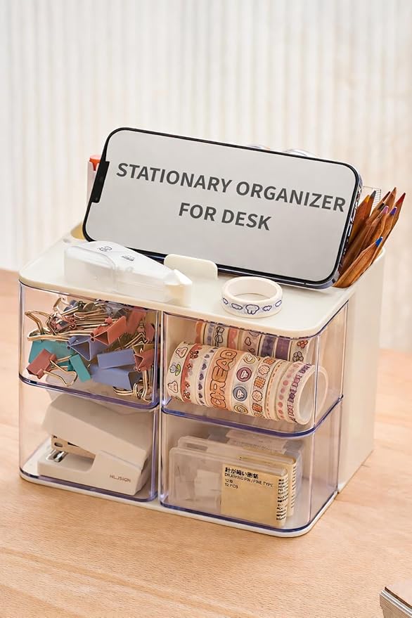 Hair Accessories Organizer with Hair Brush Holder, 4 Drawer Rotatable Hair Tie Organizer for Makeup Brushes, Hair Clips, Earrings, Necklaces, Bracelets and Hair Accessories, White, 2-Layer