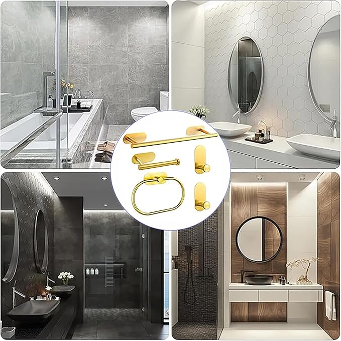 Bathroom Hardware Set, 16" Bathroom Towel Holder with Toilet Paper Holder, Towel Ring, Towel Hook, Bathroom Accessories for Kitchens, Laundry Rooms (10, Gold)