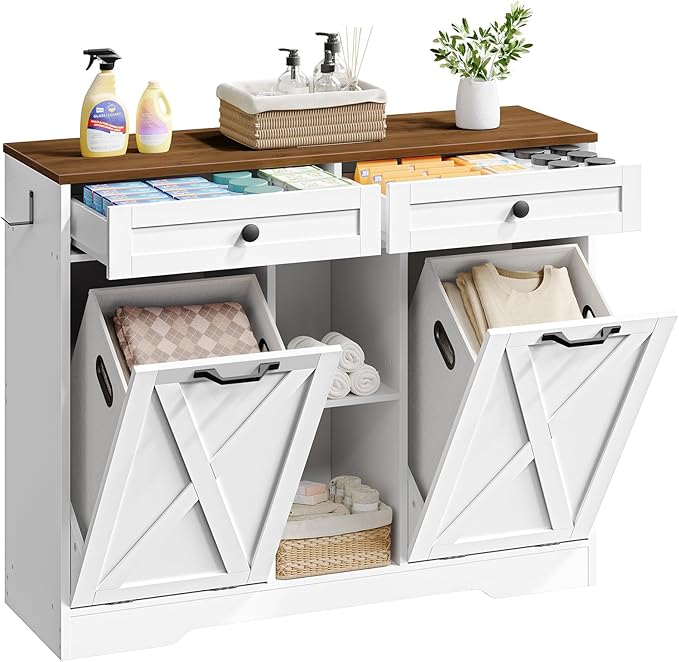 HOOBRO Double Tilt Out Laundry Hamper Cabinet, 23 Gallon Farmhouse Trash Can Cabinet with 2 Drawers and Open Shelving, Wooden Hidden Laundry Hamper, for Bathroom, Kitchen, White and Walnut WH11XY01
