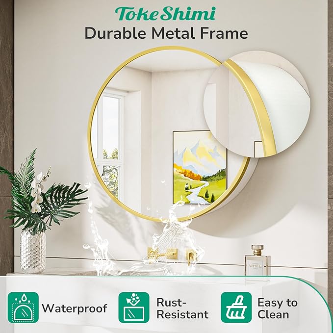 TokeShimi 26x26 Round Medicine Cabinet for Bathroom,Gold White Circle Medicine Cabinet with Mirror Shatterproof,Detachable Shelves,Wall Mounted Only