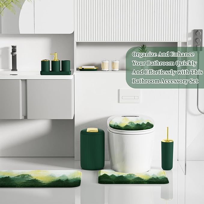 Green and Gold Bathroom Accessories, Bathroom Sets with Shower Curtain and Rugs, Bath Rugs Accessory Set with Bathroom Trash Can, Soap Dispenser, Soap Dish for Home Decor
