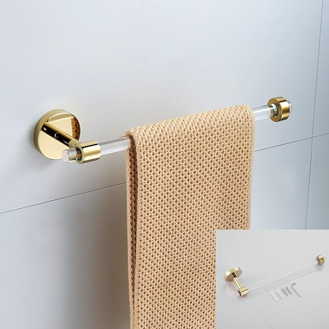 SHUNLI Bathroom Accessories Hardware Set 4 Pieces Wall Mounted,Towel Rack+Hand Towel Holder+Toilet Paper Holder+Hook,Brass and Acrylic,Gold Towel Bar Set