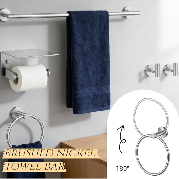 5Pcs Bathroom Hardware Accessories, 24 Inch Brushed Nickel Bath Towel Bar Set, Toilet Paper Holder and Towel Ring, Stainless Steel Wall Mounted Towel Rack Set, Center Section Removable