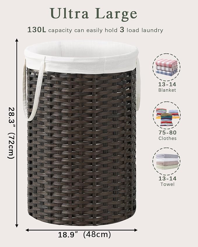 SETVSON 34.3 Gal (130 L) Large Laundry Hamper Laundry Basket Round Handwoven Wicker Laundry Baskets Rattan Laundry Basket with Removable Bag Handles 2 Mesh Bags for Living Room Bedroom Brown (No Lid)