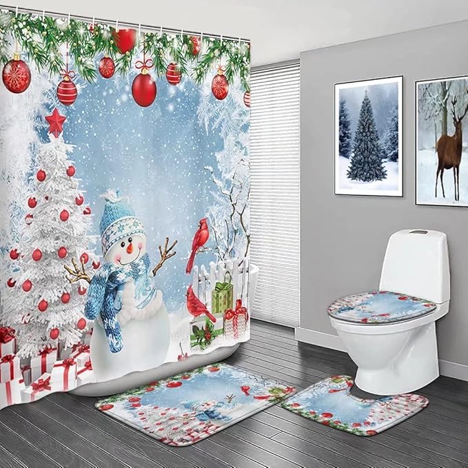 NBVKO Christmas Snowman Waterproof Set Shower Curtain,with Non-Slip Rugs,Toilet Lid Cover and Bath Mat,Bathroom Decor Accessory Set